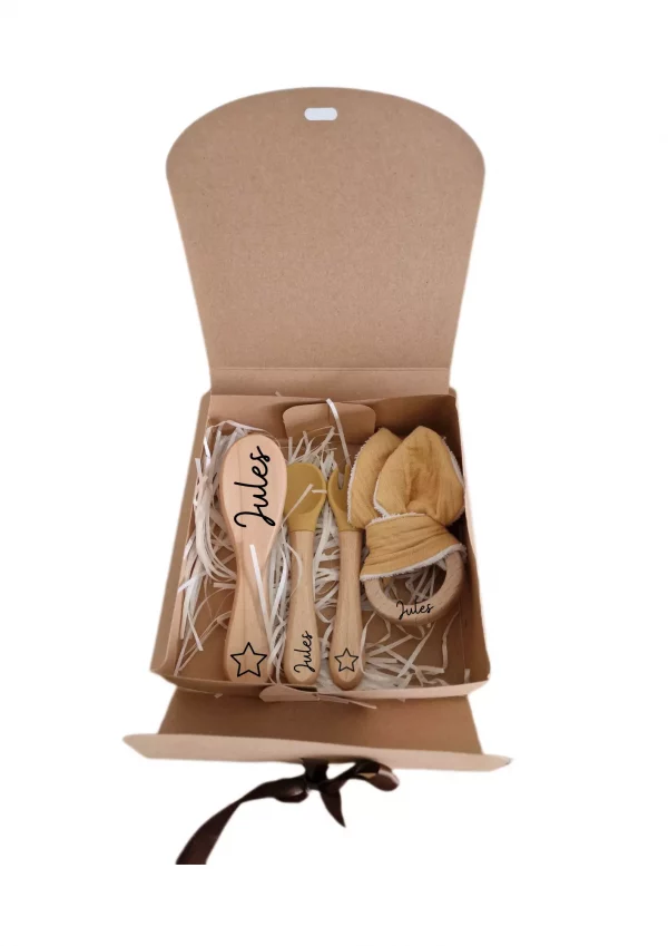 Coffret cadeau hochet lapin moutarde